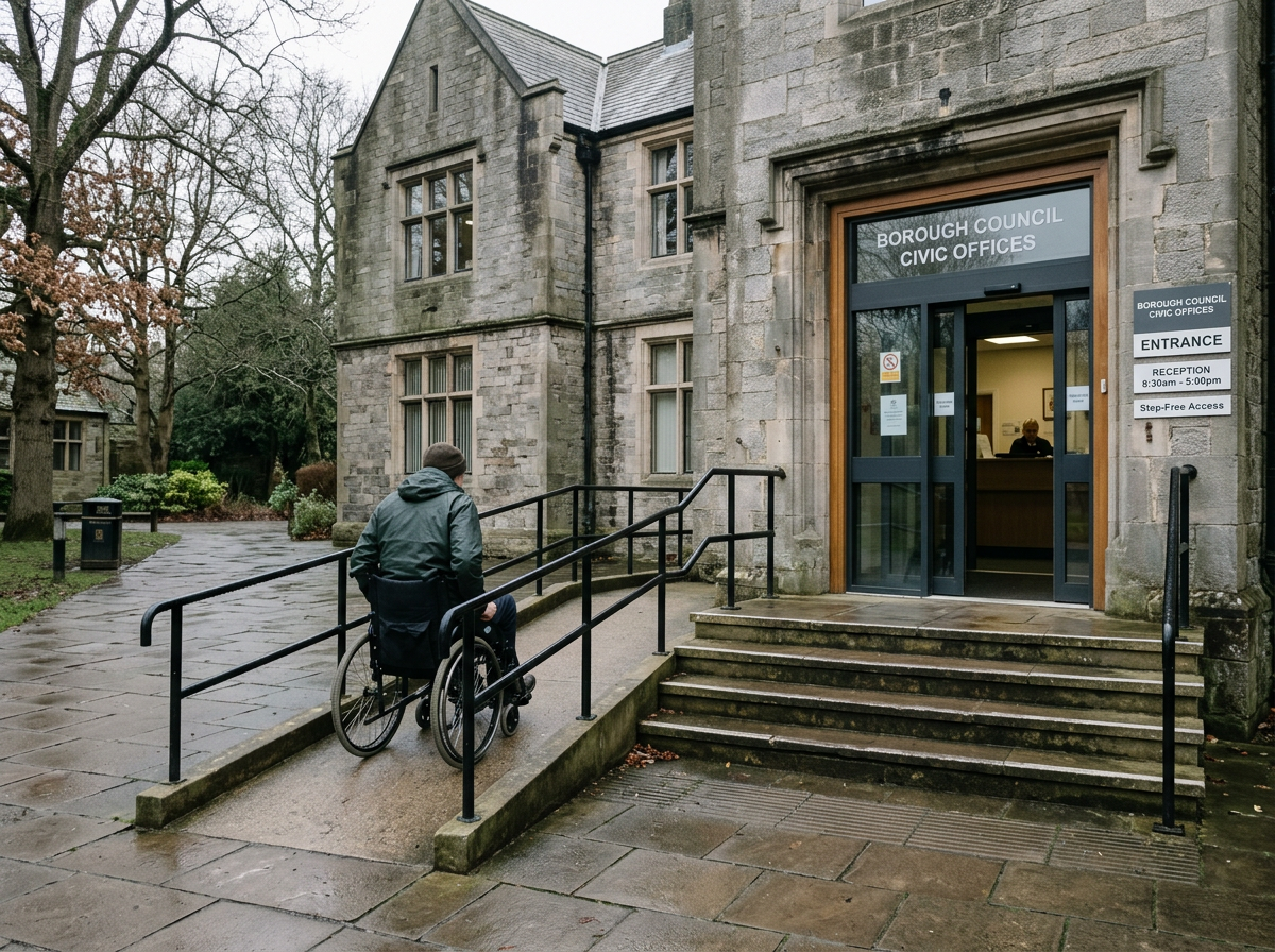 A person using a wheelchair approaching a step-free ramp at a council building entrance
